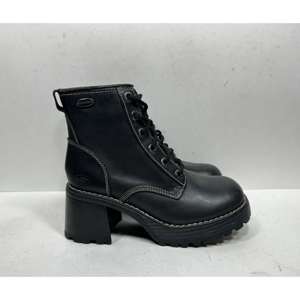 Vintage Y2K 90s Skechers 1253 Black Leather Chunky Heel Boots Women's Size 6